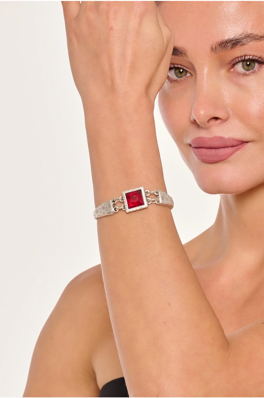 Kiraz Burgundy Crystal Stoned Silver Plated Bracelet