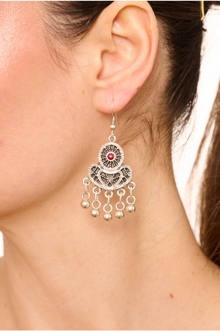 Kiraz Burgundy Crystal Stoned Silver Plated Earring