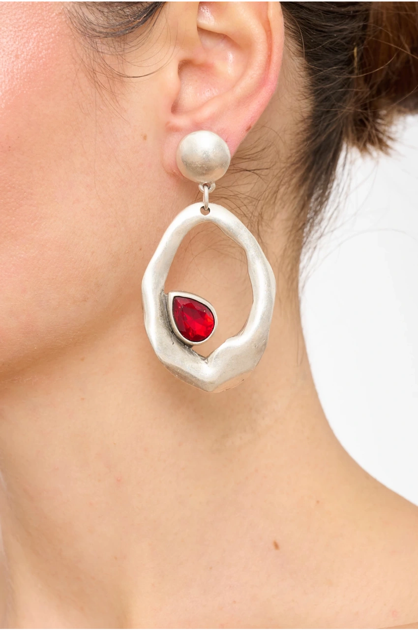 Kiraz Burgundy Crystal Stoned Silver Plated Earring
