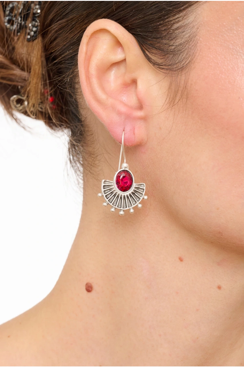 Kiraz Burgundy Crystal Stoned Silver Plated Earring