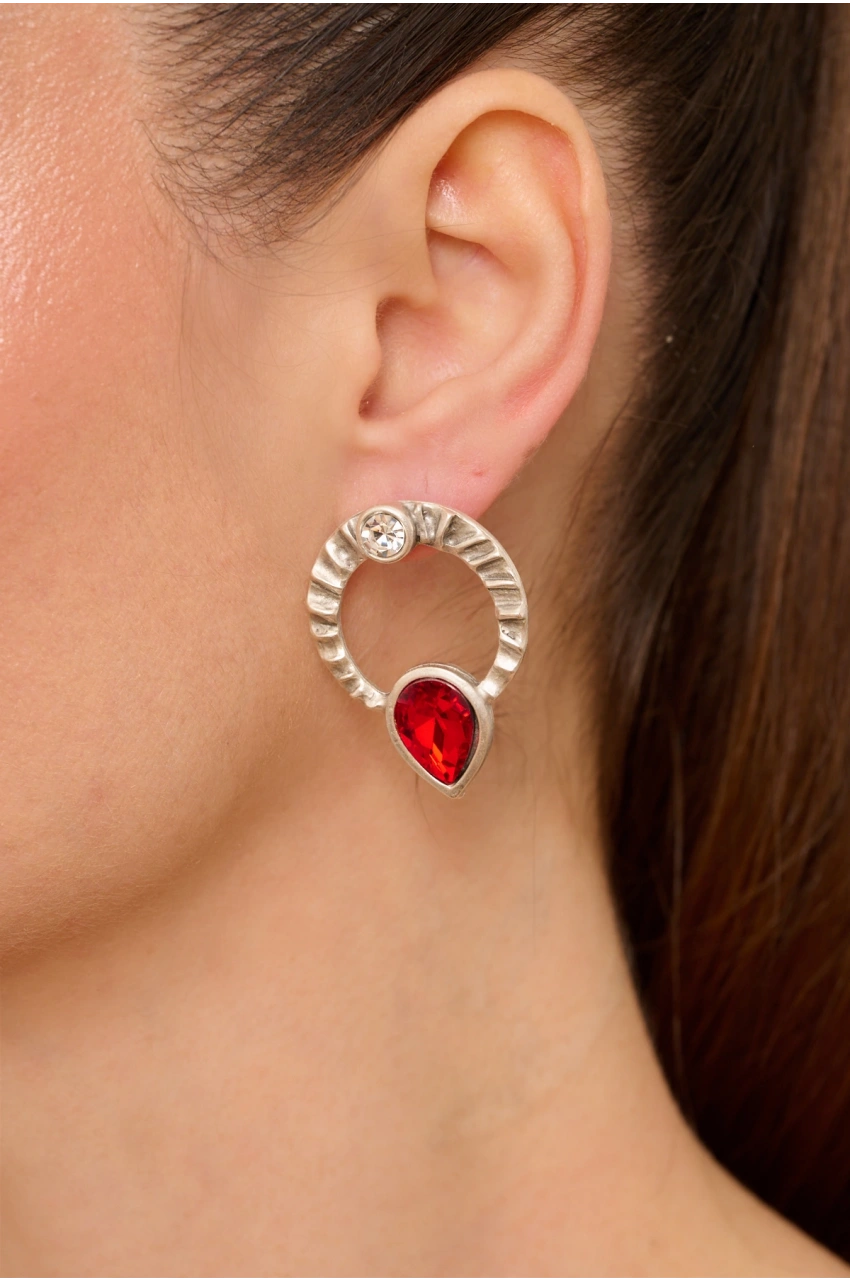 Kiraz Burgundy Crystal Stoned Silver Plated Earring