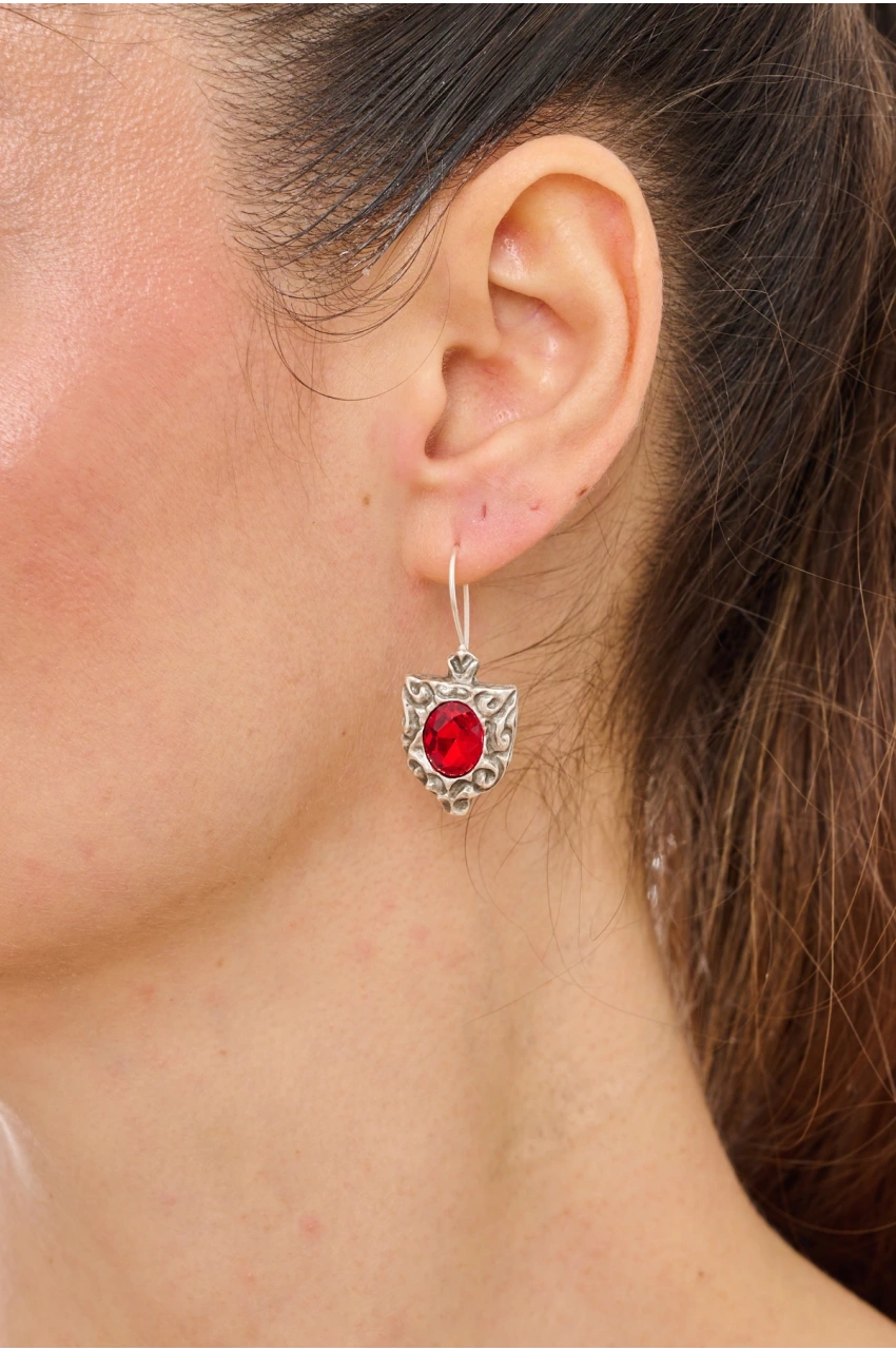 Kiraz Burgundy Crystal Stoned Silver Plated Earring