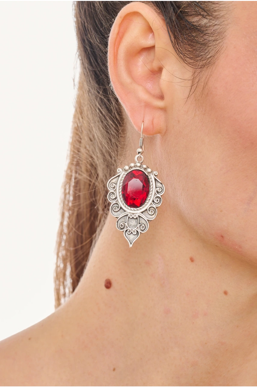 Kiraz Burgundy Crystal Stoned Silver Plated Earring