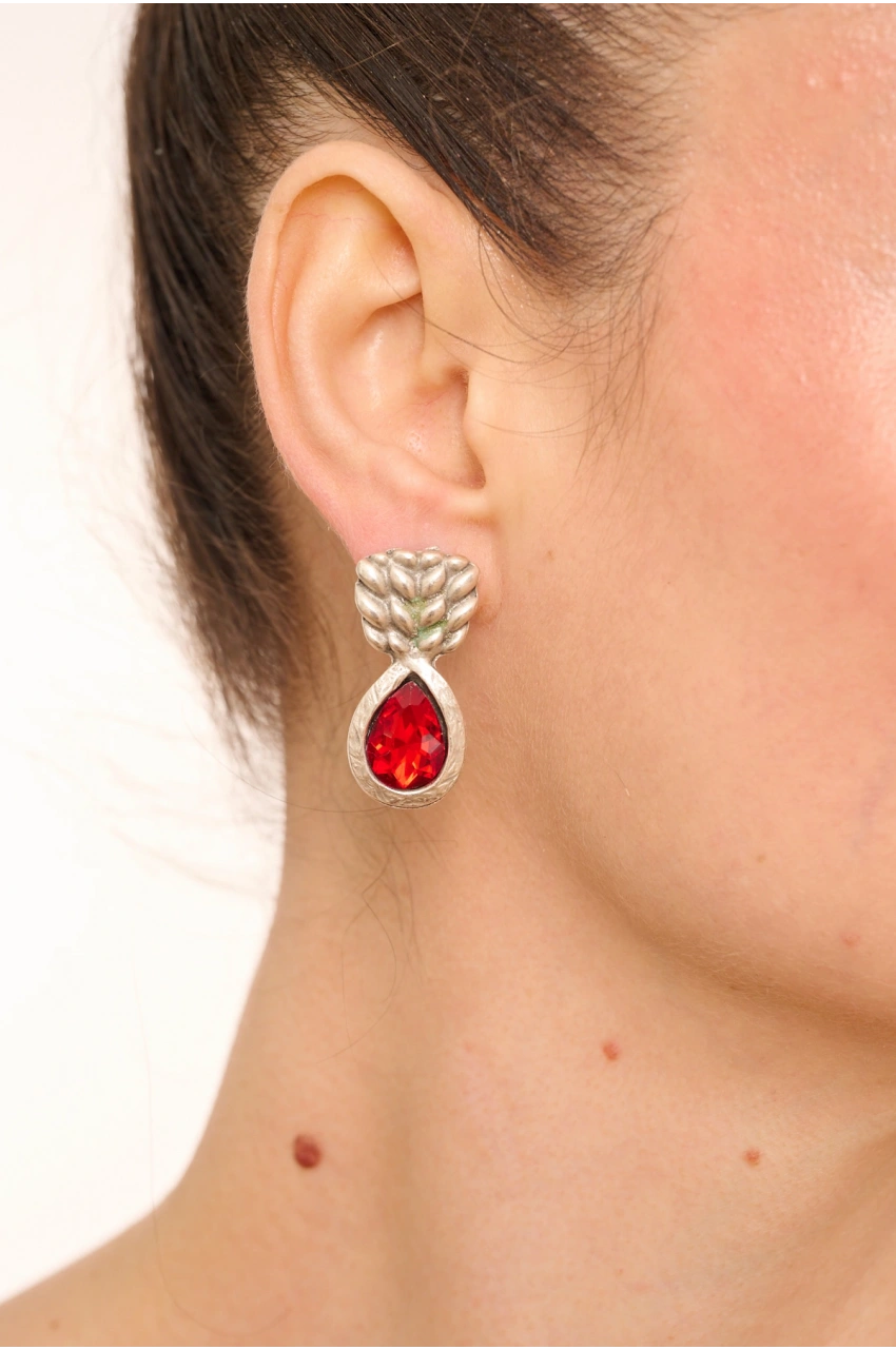 Kiraz Burgundy Crystal Stoned Silver Plated Earring