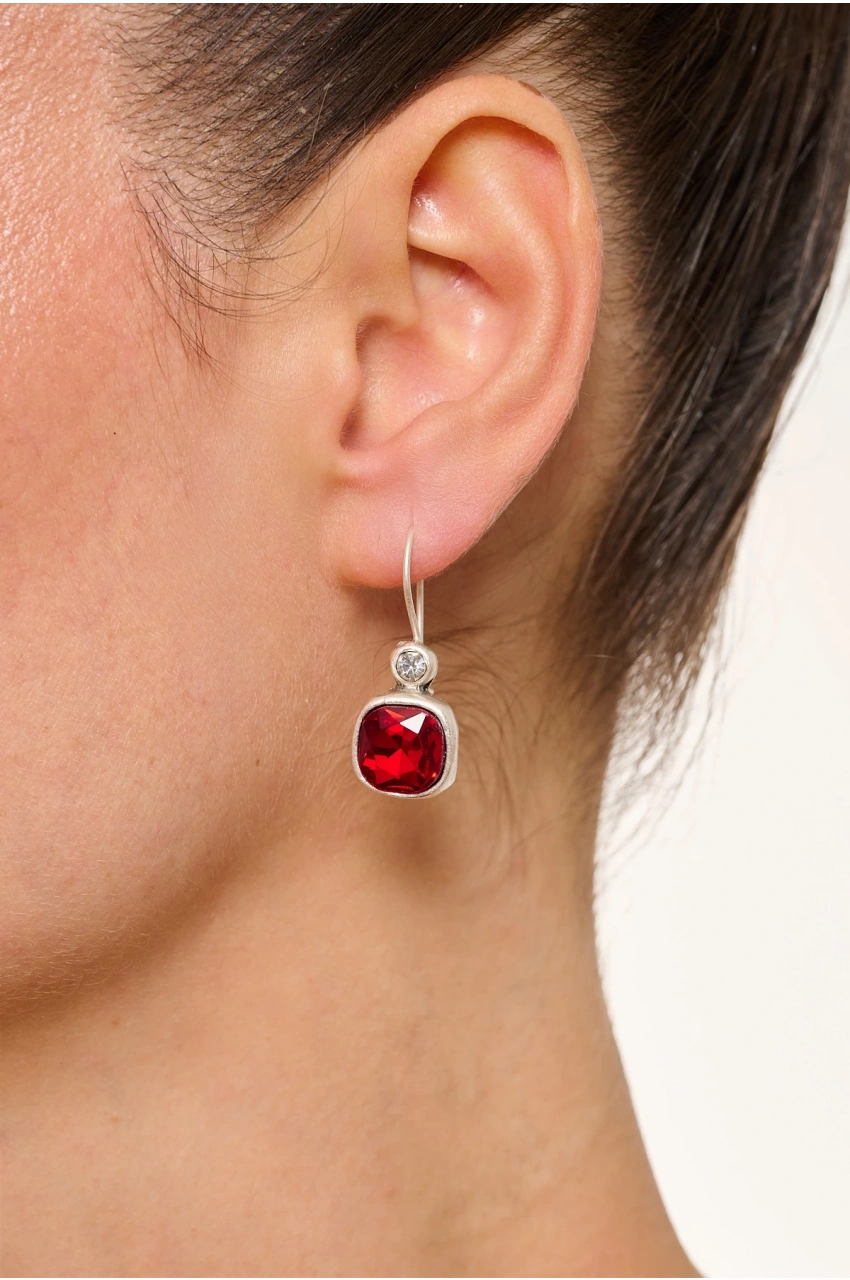 Kiraz Burgundy Crystal Stoned Silver Plated Earring