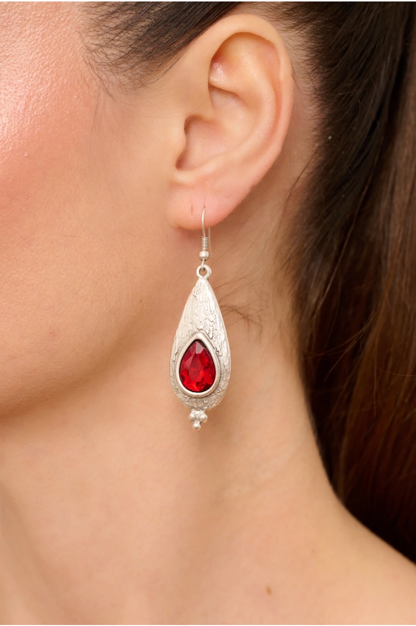 Kiraz Burgundy Crystal Stoned Silver Plated Earring