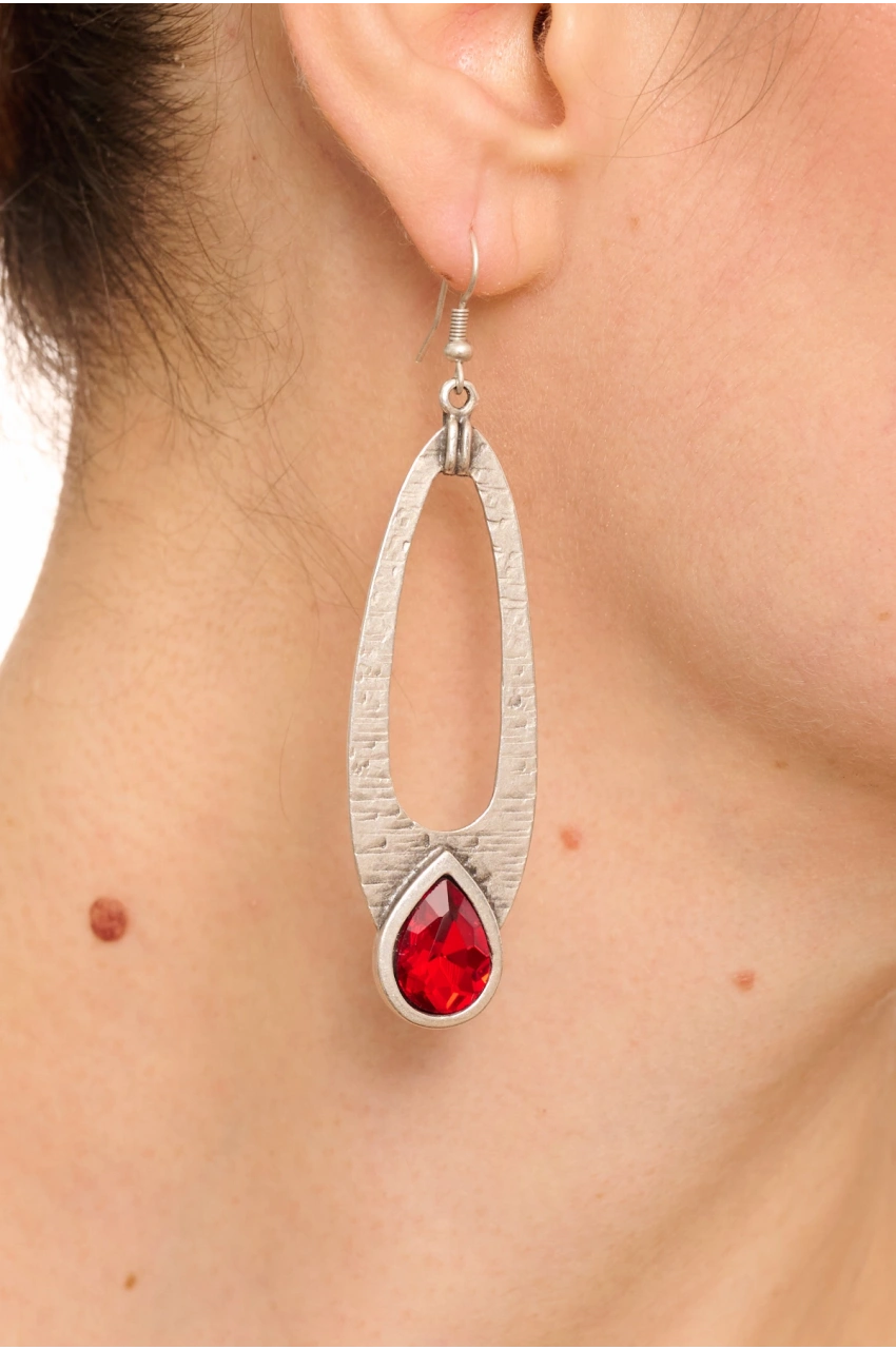 Kiraz Burgundy Crystal Stoned Silver Plated Earring