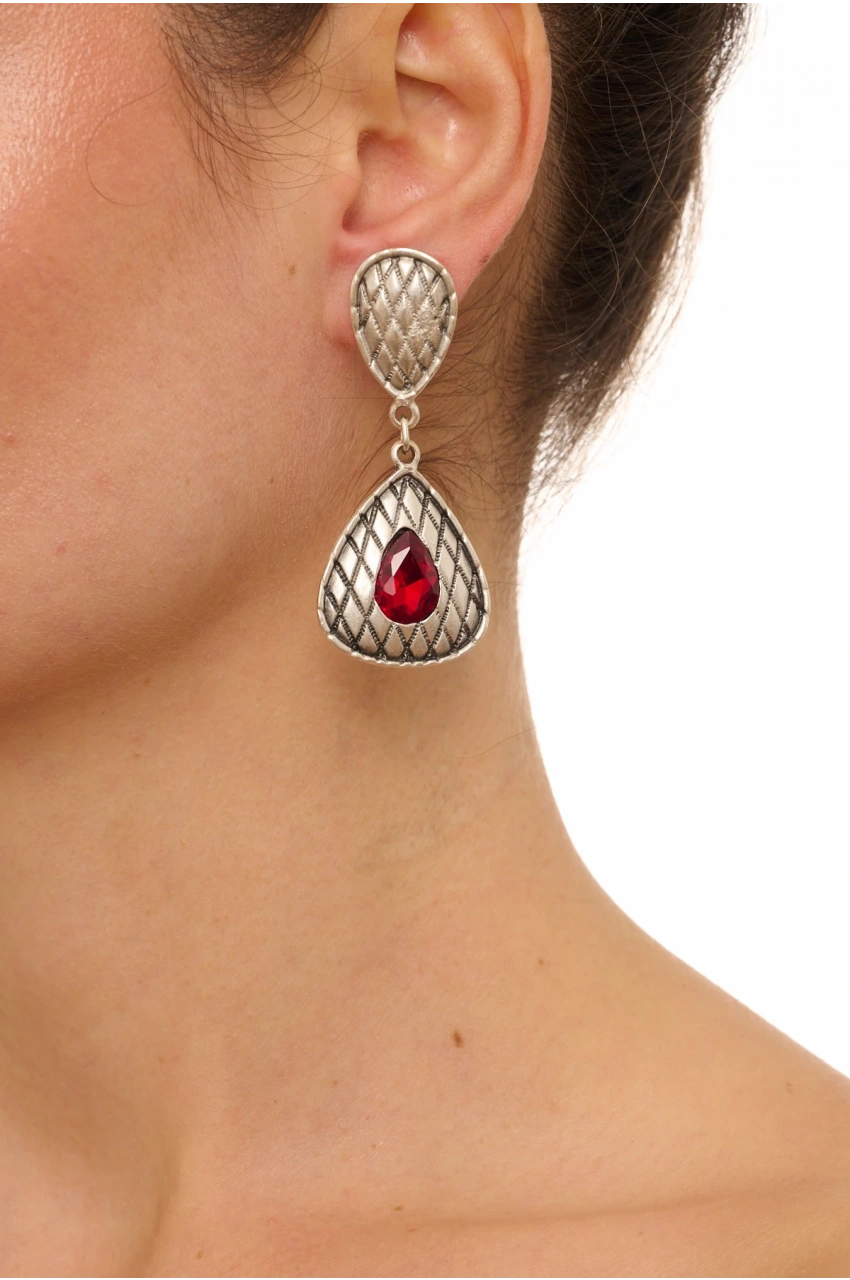 Kiraz Burgundy Crystal Stoned Silver Plated Earring