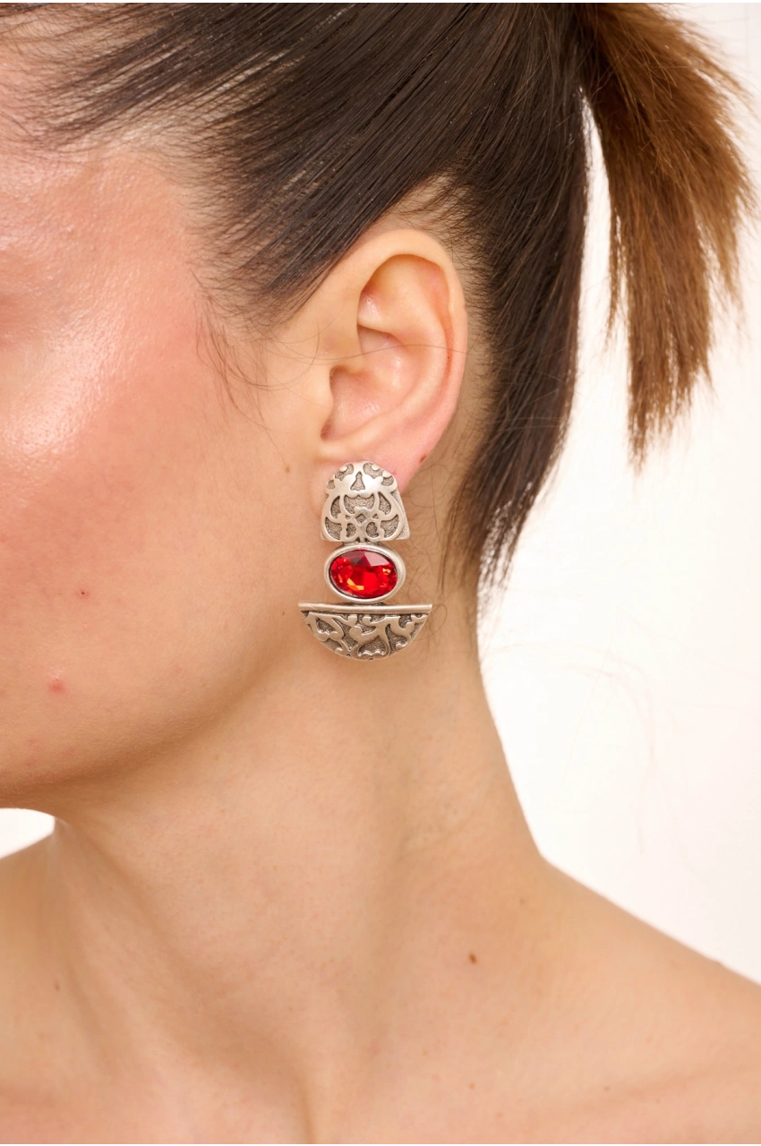 Kiraz Burgundy Crystal Stoned Silver Plated Earring