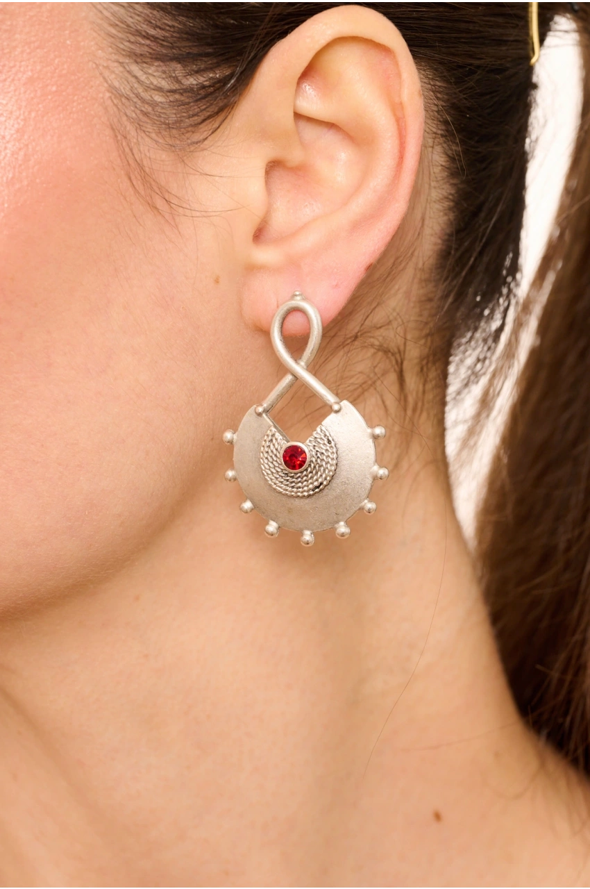 Kiraz Burgundy Crystal Stoned Silver Plated Earring