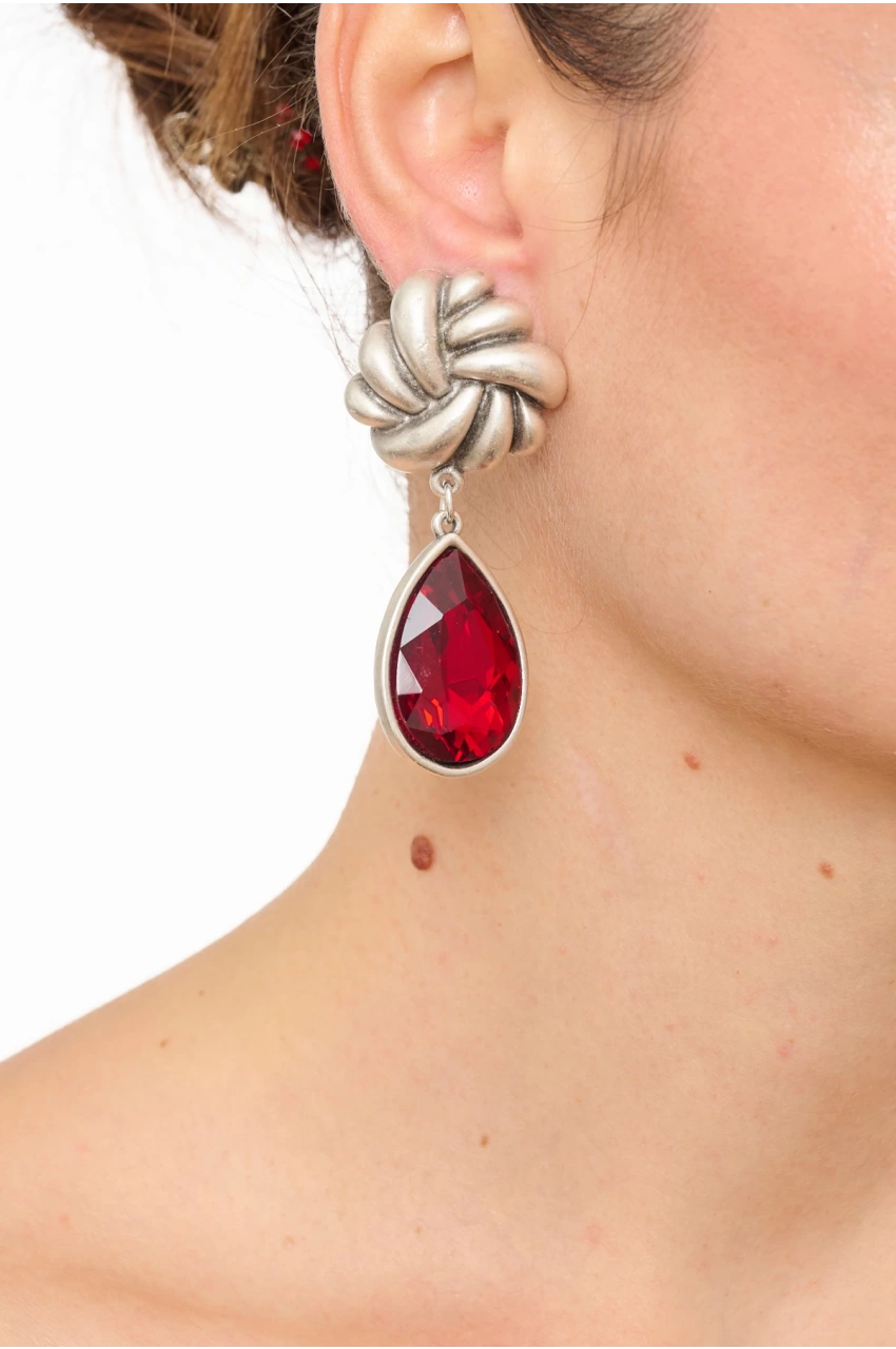 Kiraz Burgundy Crystal Stoned Silver Plated Earring