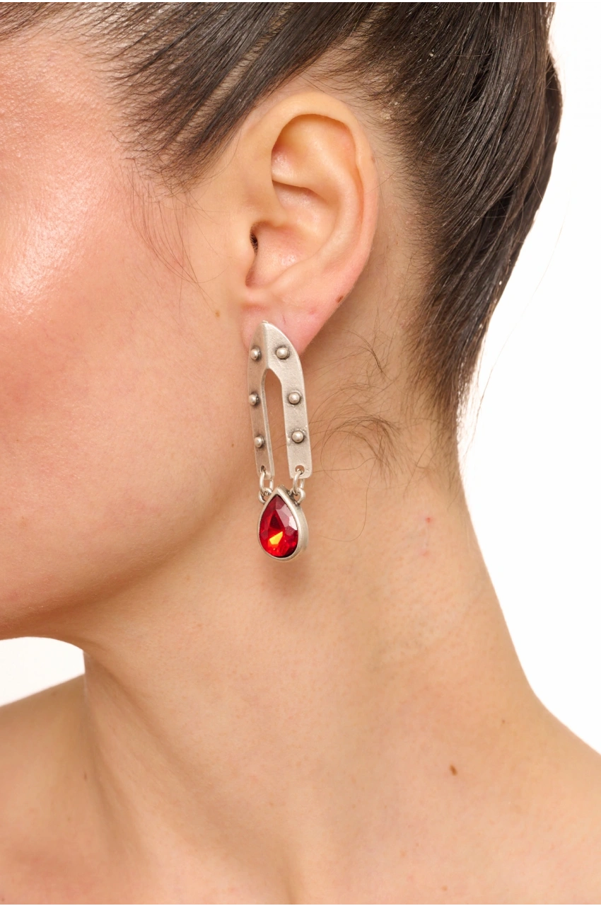 Kiraz Burgundy Crystal Stoned Silver Plated Earring