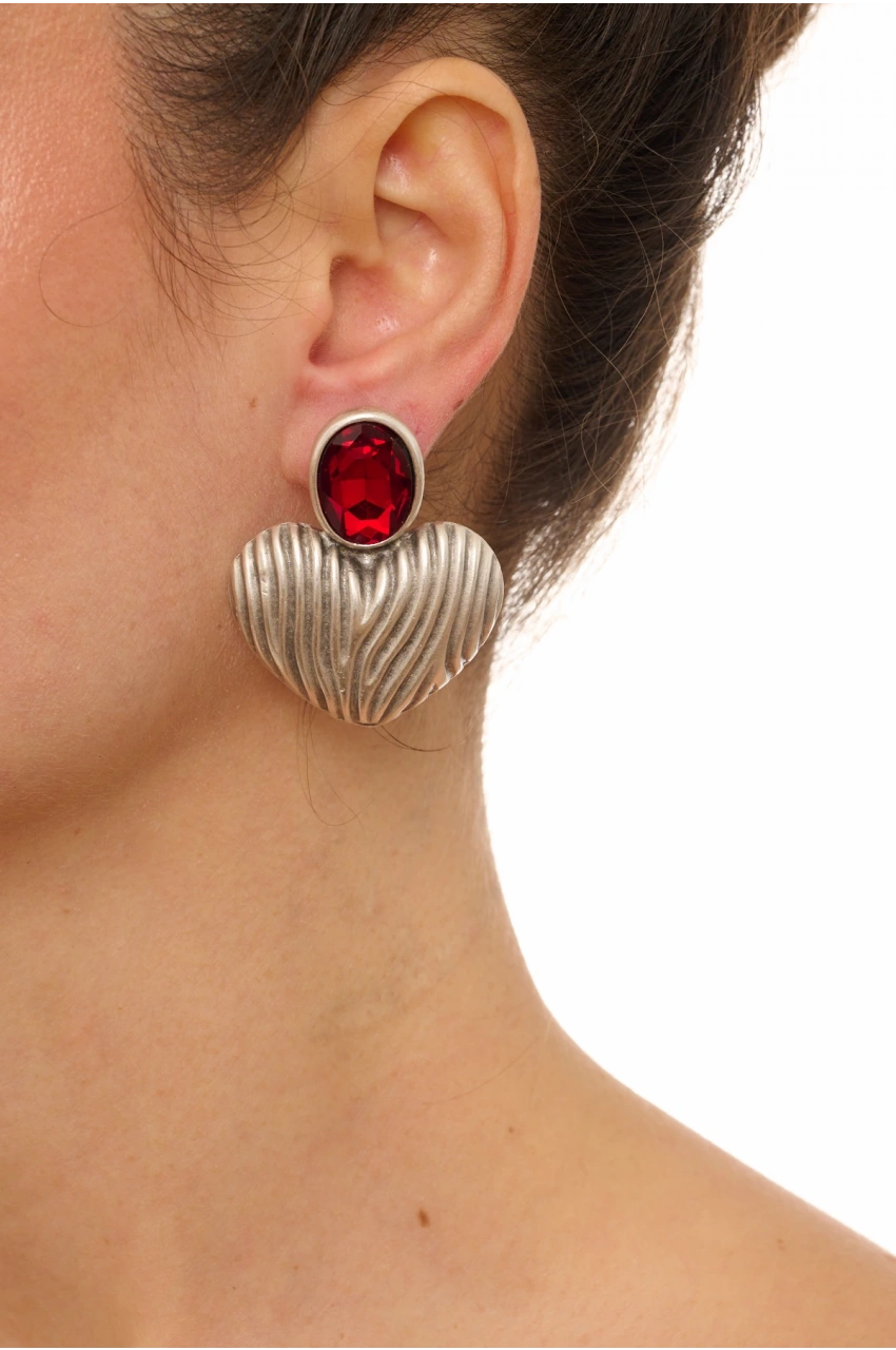 Kiraz Burgundy Crystal Stoned Silver Plated Heart Earring