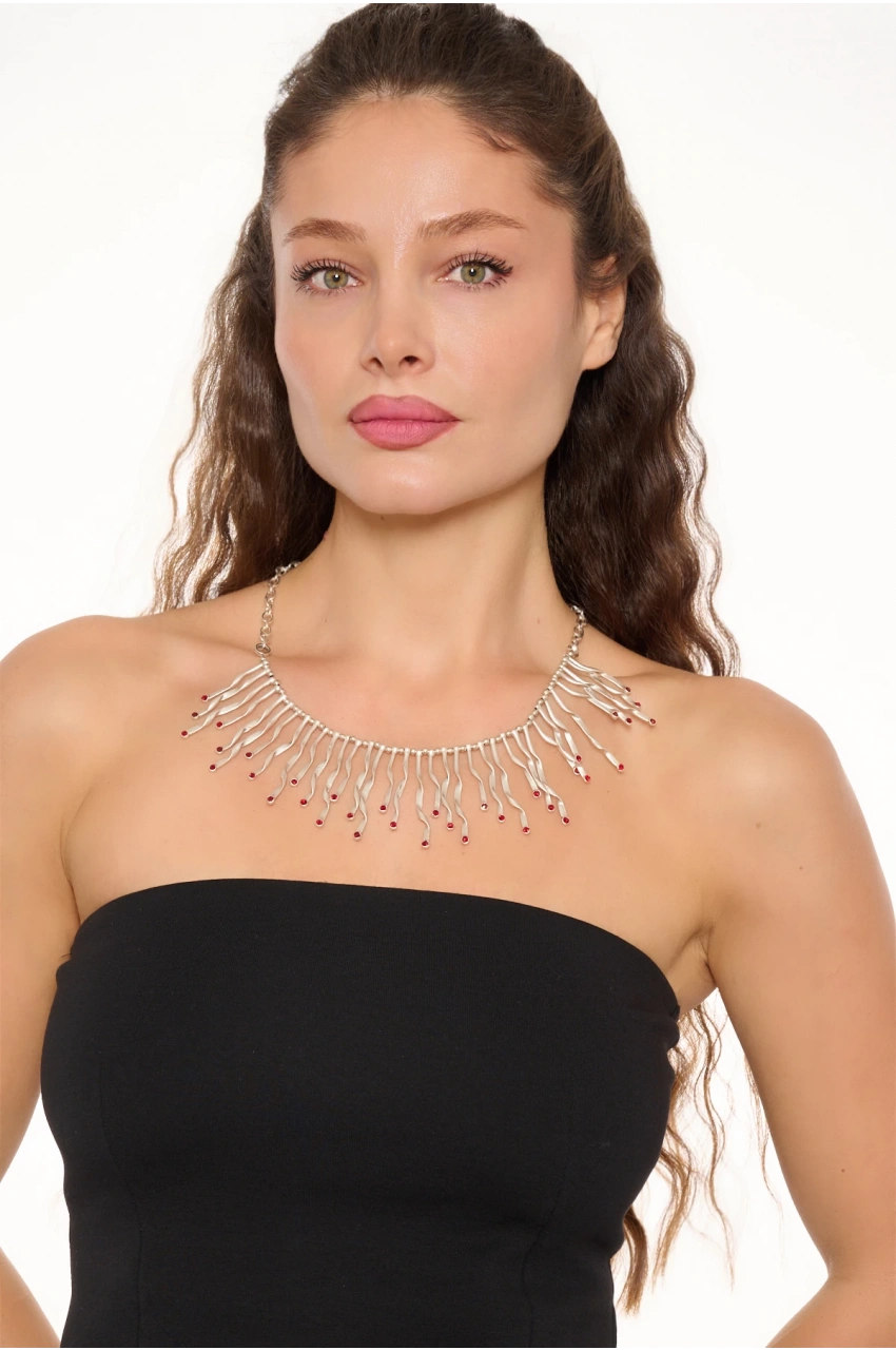 Kiraz Burgundy Crystal Stoned Silver Plated Lightning Necklace