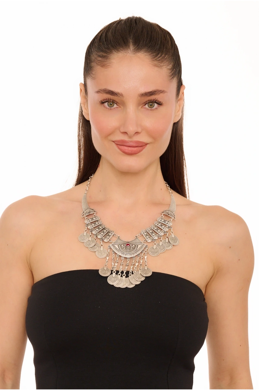 Kiraz Burgundy Crystal Stoned Silver Plated Necklace