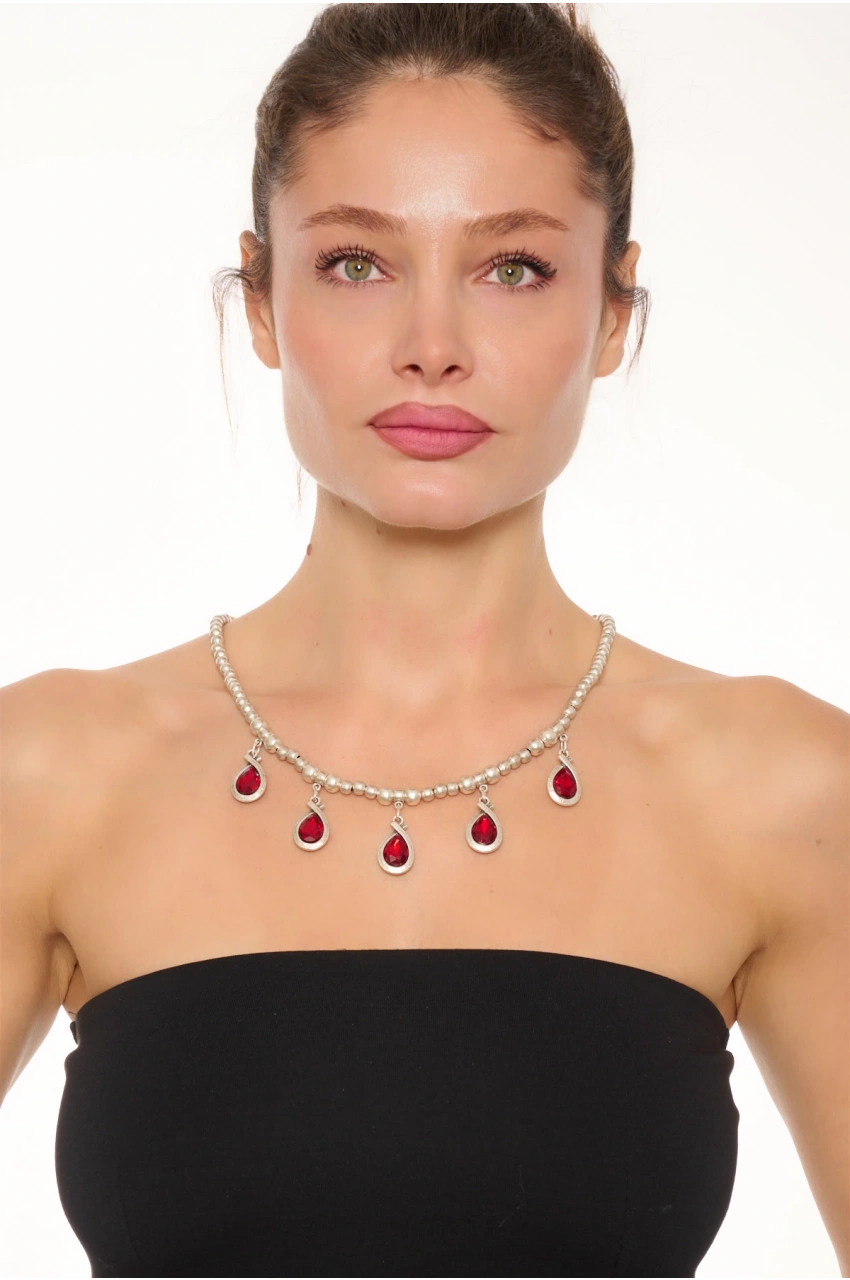 Kiraz Burgundy Crystal Stoned Silver Plated Necklace