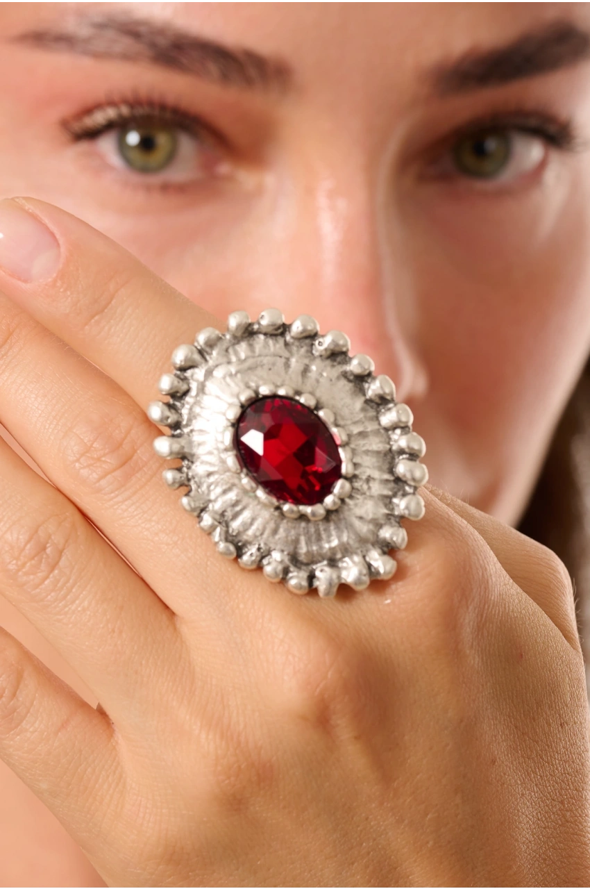 Kiraz Burgundy Crystal Stoned Silver Plated Ring