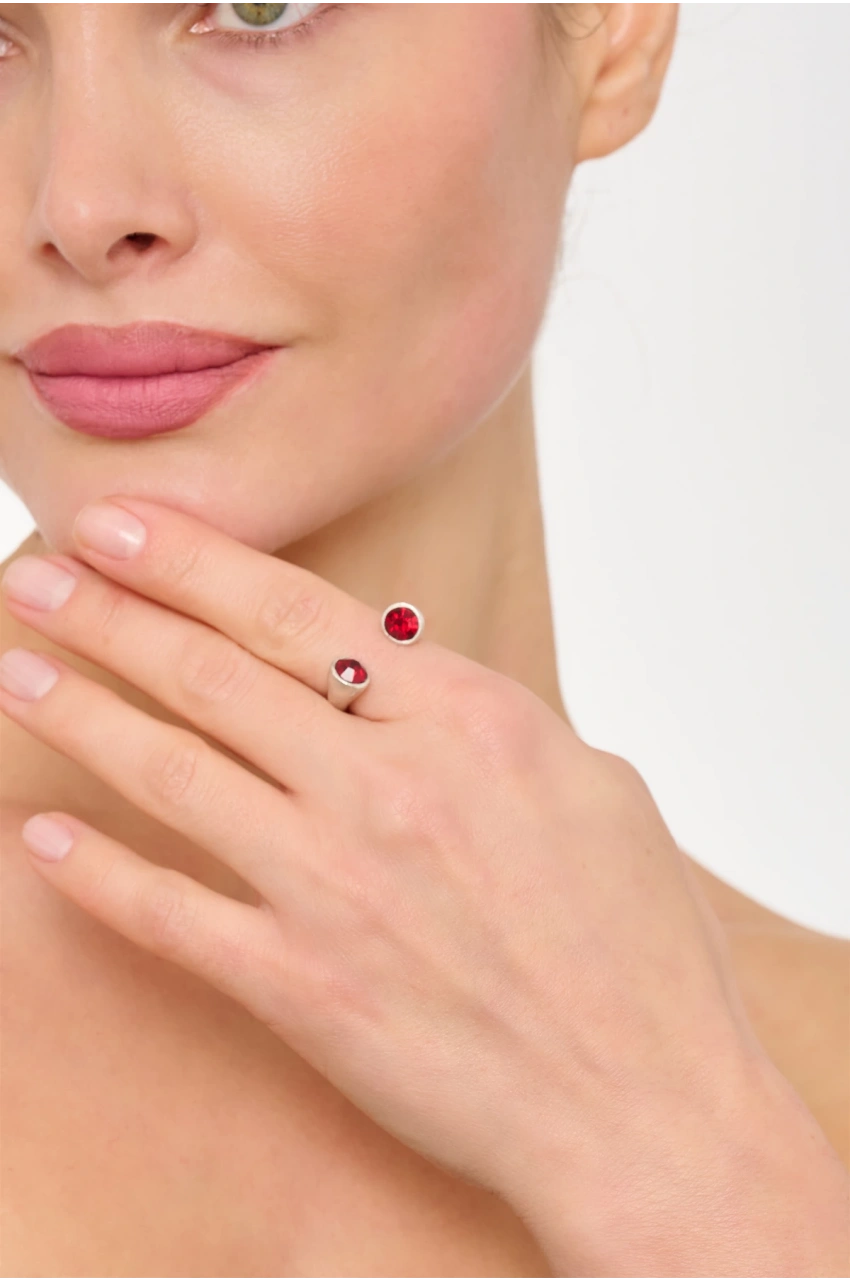 Kiraz Burgundy Crystal Stoned Silver Plated Ring