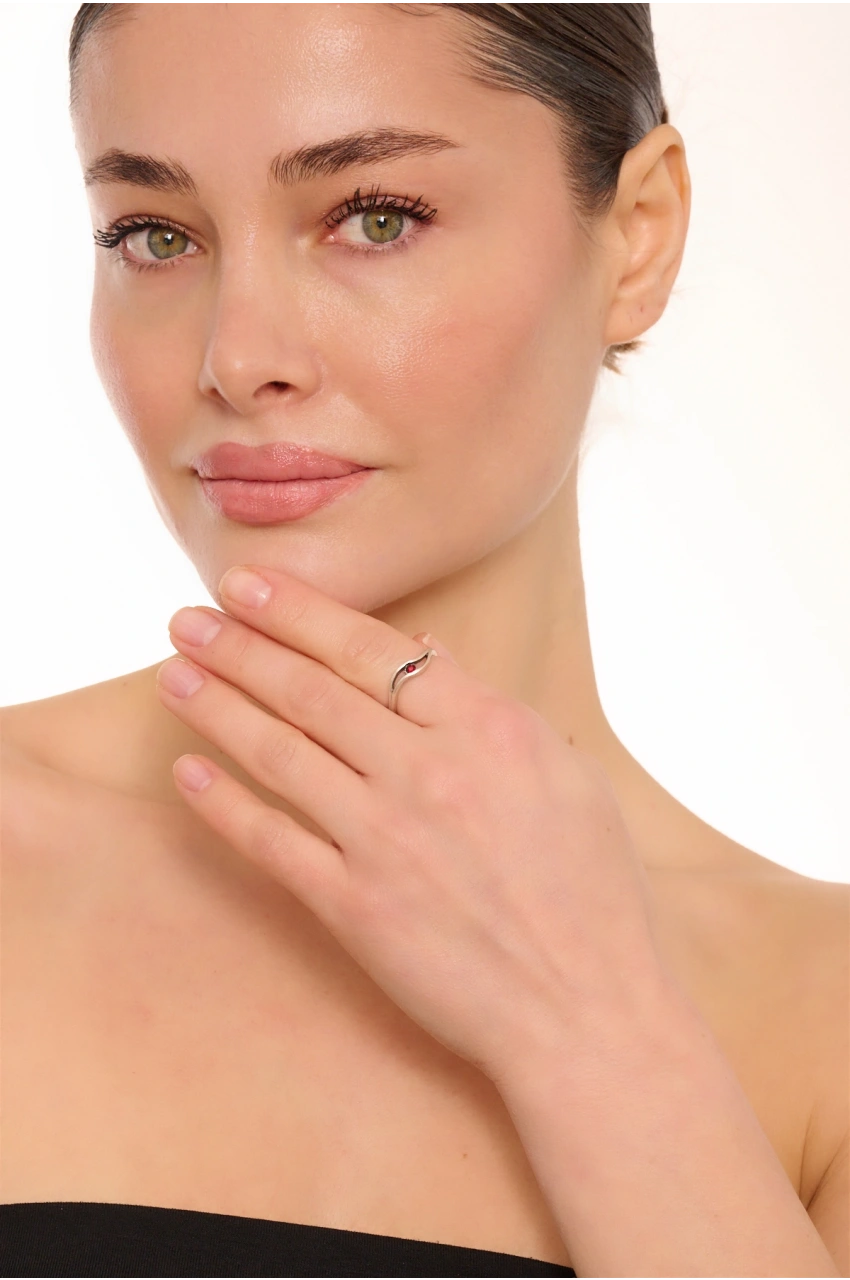 Kiraz Burgundy Crystal Stoned Silver Plated Ring