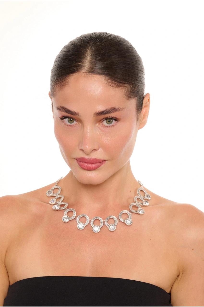 Kiraz White Crystal Stoned Silver Plated Necklace
