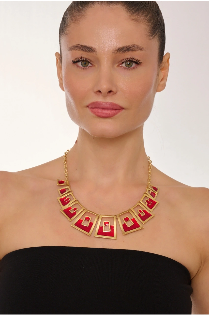 Kiraz Burgundy Enameled Gold Plated Necklace