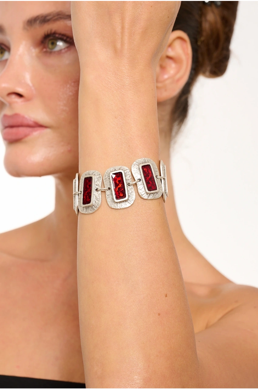 Kiraz Burgundy Enameled Silver Plated Bracelet