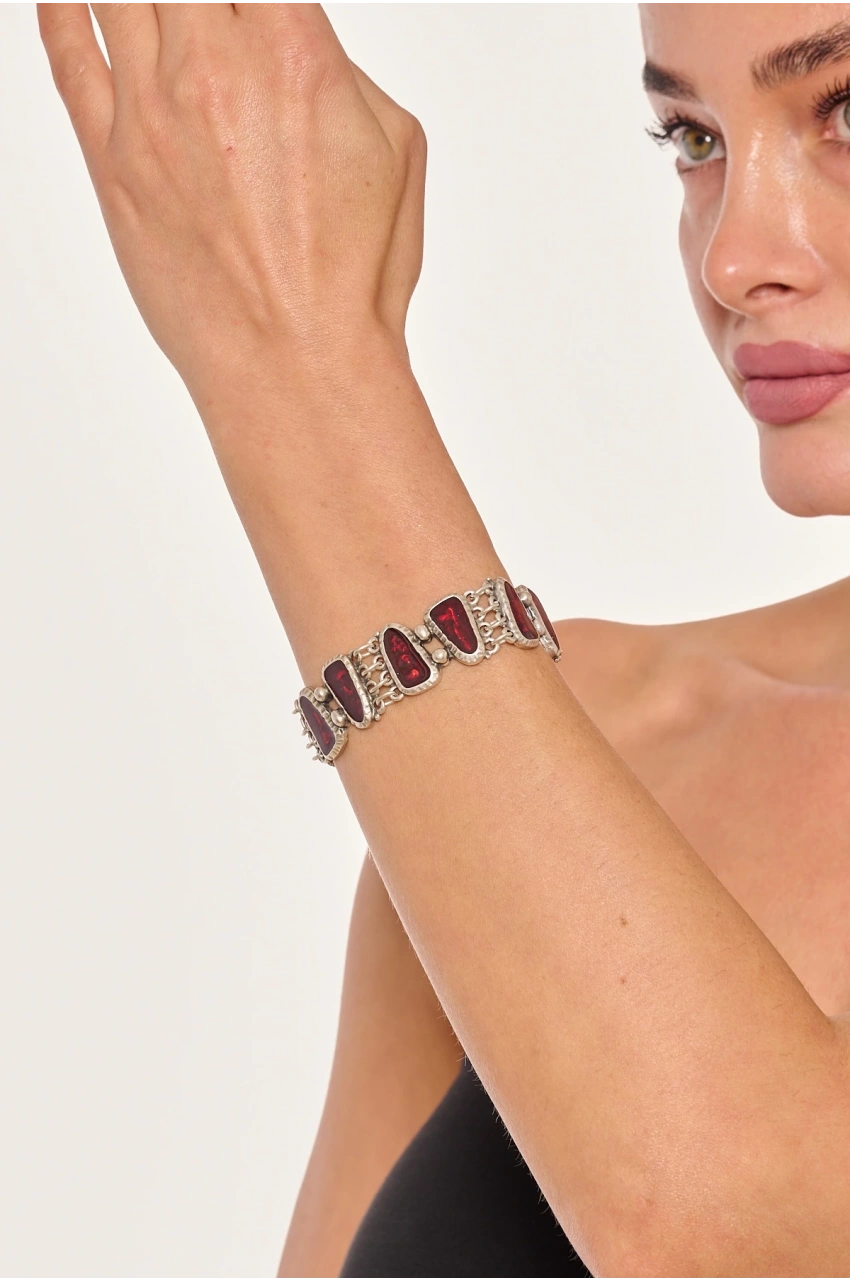 Kiraz Burgundy Enameled Silver Plated Bracelet