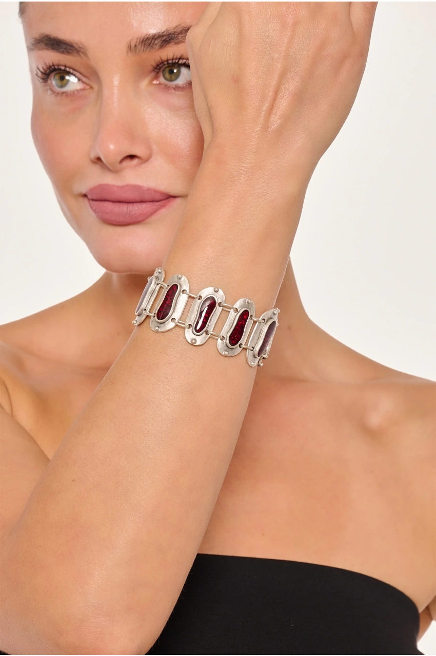 Kiraz Burgundy Enameled Silver Plated Bracelet