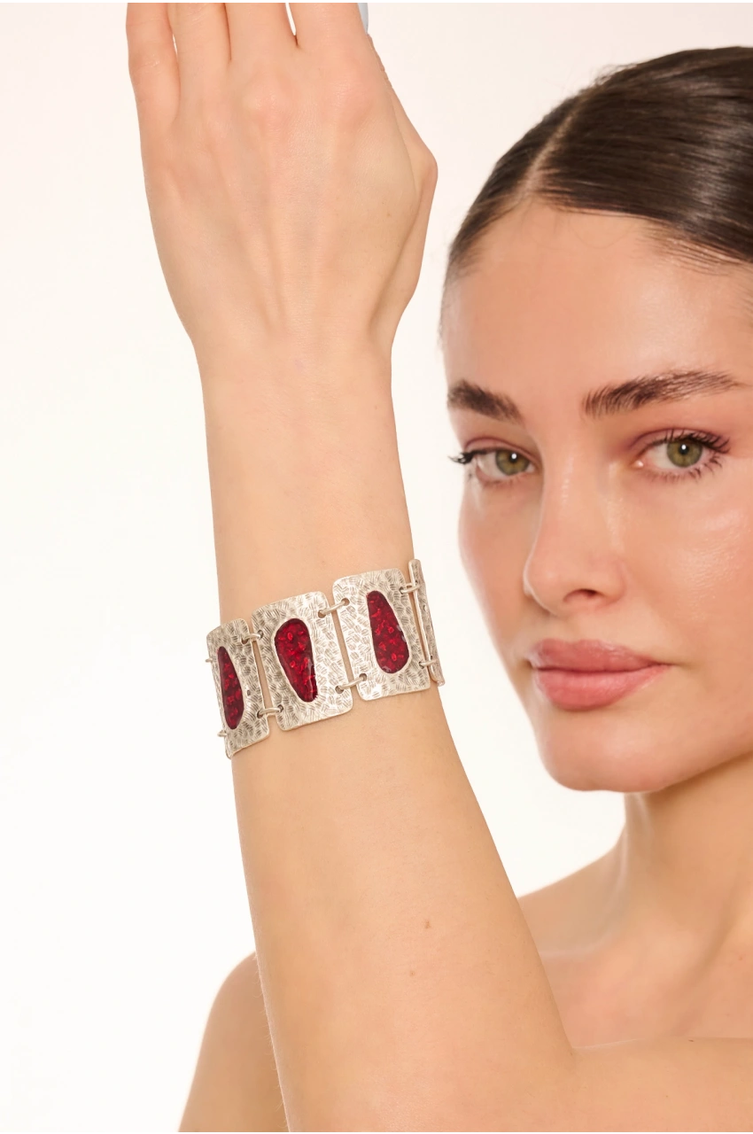 Kiraz Burgundy Enameled Silver Plated Bracelet