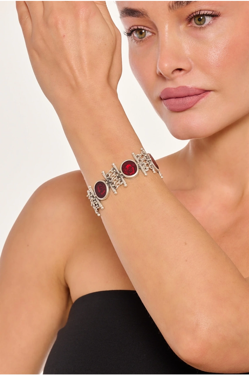 Kiraz Burgundy Enameled Silver Plated Bracelet
