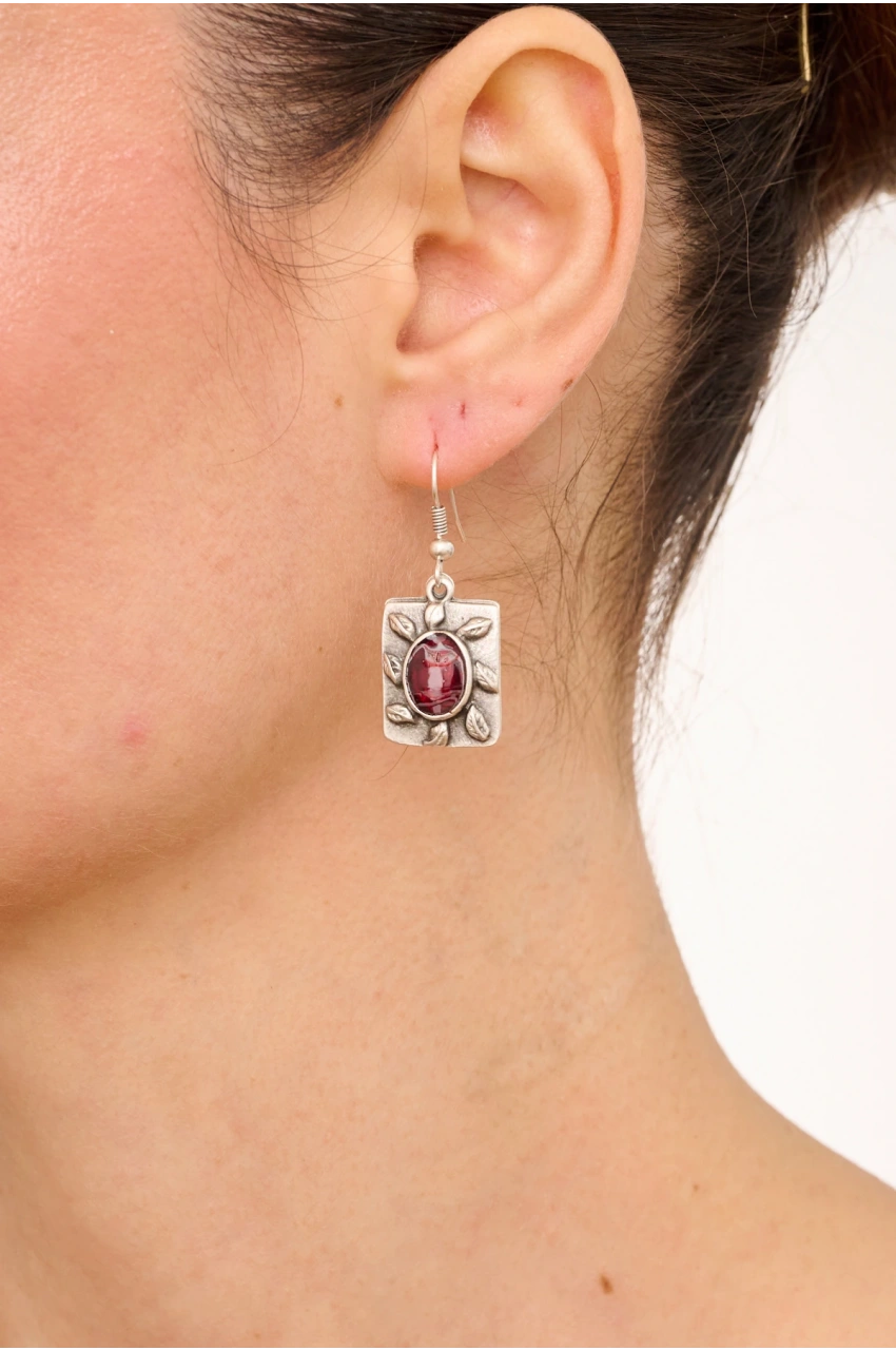 Kiraz Burgundy Enameled Silver Plated Earring