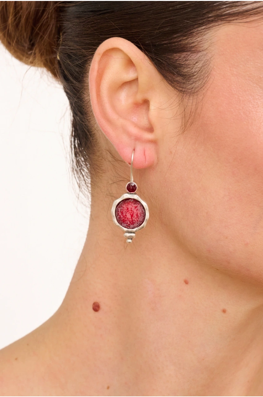 Kiraz Burgundy Enameled Silver Plated Earring