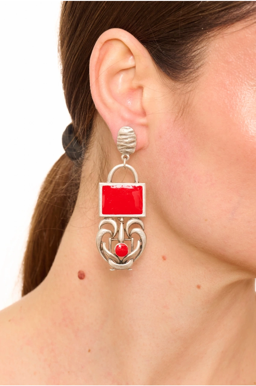 Kiraz Burgundy Enameled Silver Plated Earring