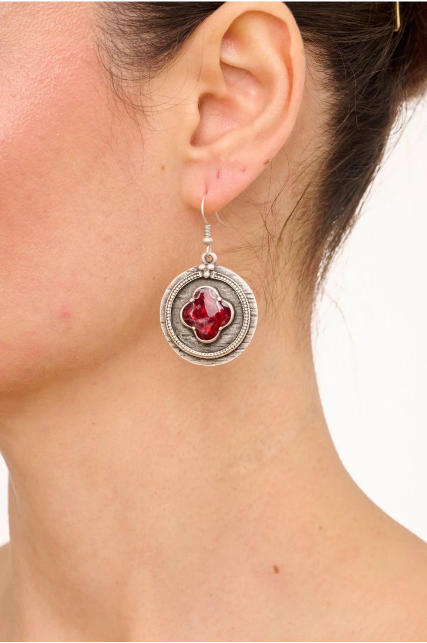 Kiraz Burgundy Enameled Silver Plated Earring