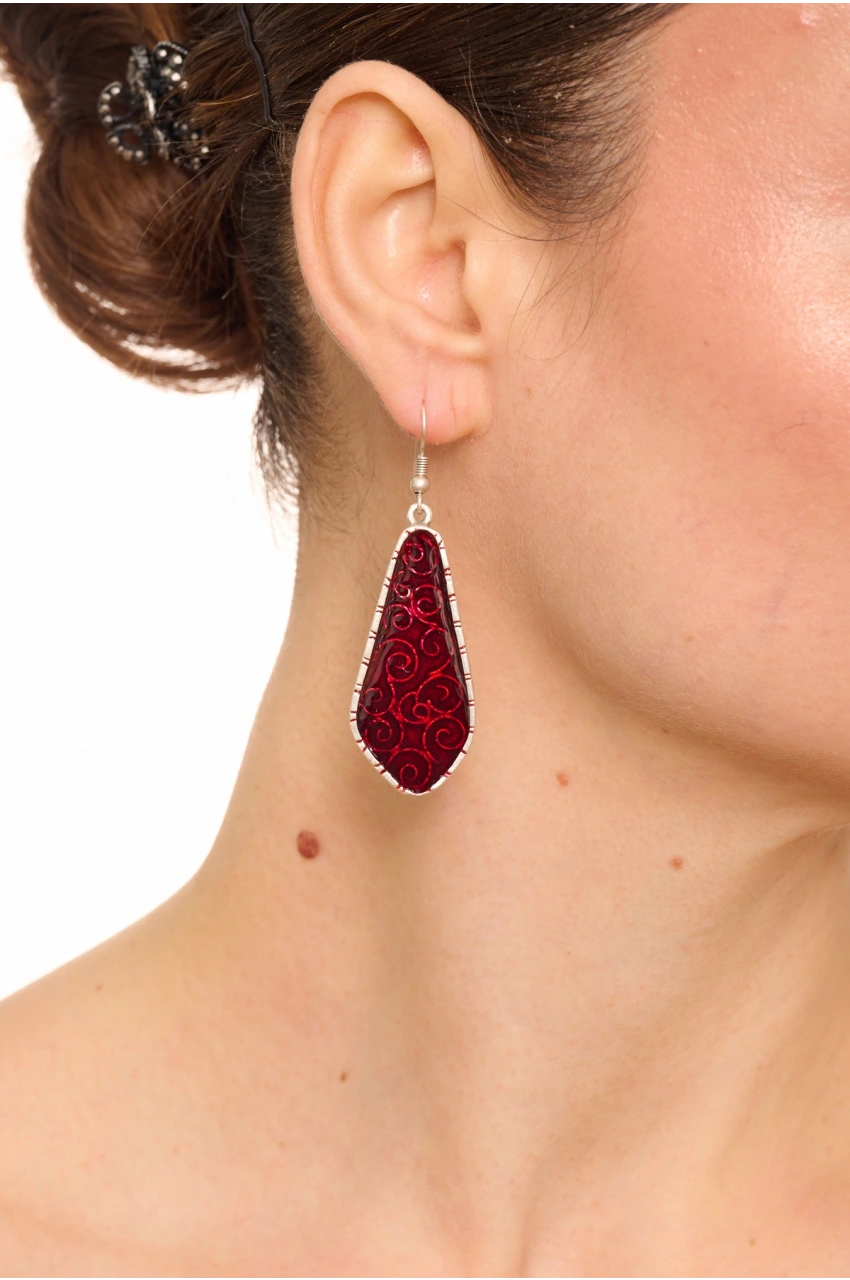 Kiraz Burgundy Enameled Silver Plated Earring