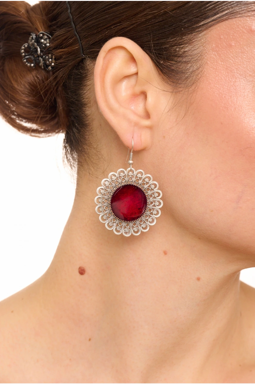 Kiraz Burgundy Enameled Silver Plated Earring