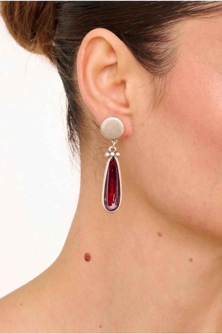 Kiraz Burgundy Enameled Silver Plated Earring