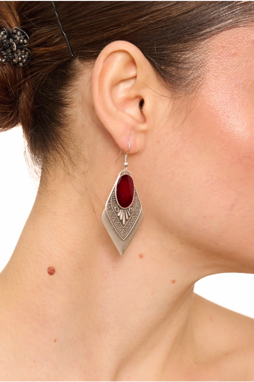 Kiraz Burgundy Enameled Silver Plated Earring