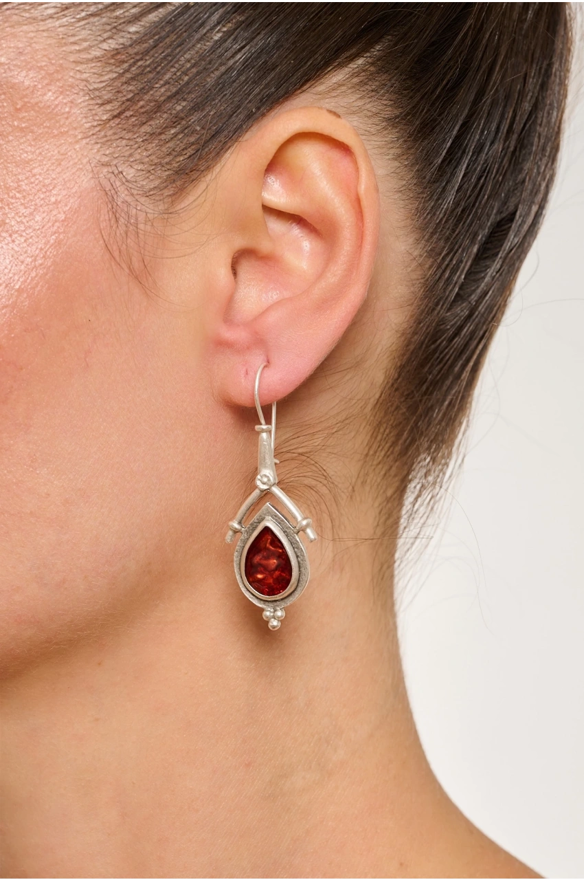 Kiraz Burgundy Enameled Silver Plated Earring