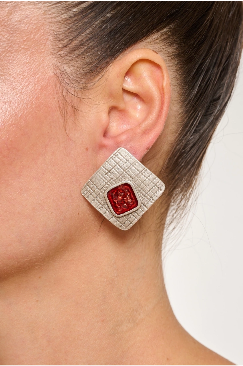 Kiraz Burgundy Enameled Silver Plated Earring