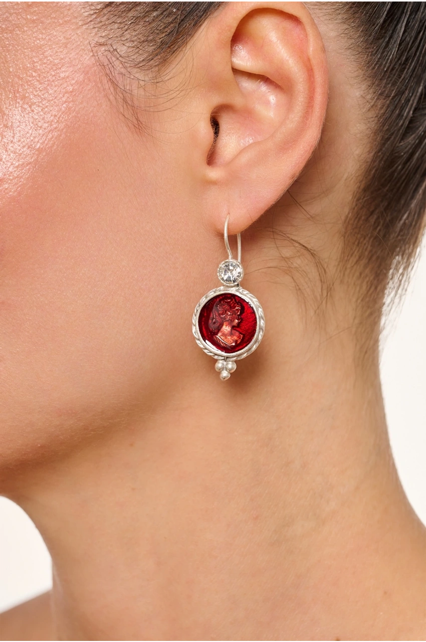 Kiraz Burgundy Enameled Silver Plated Earring
