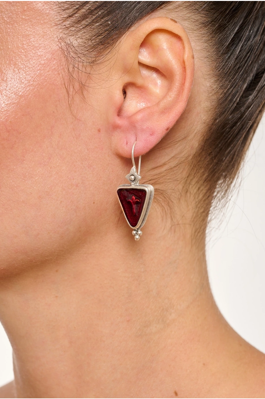 Kiraz Burgundy Enameled Silver Plated Earring