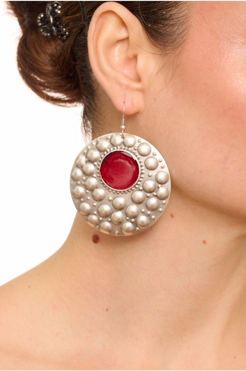 Kiraz Burgundy Enameled Silver Plated Earring