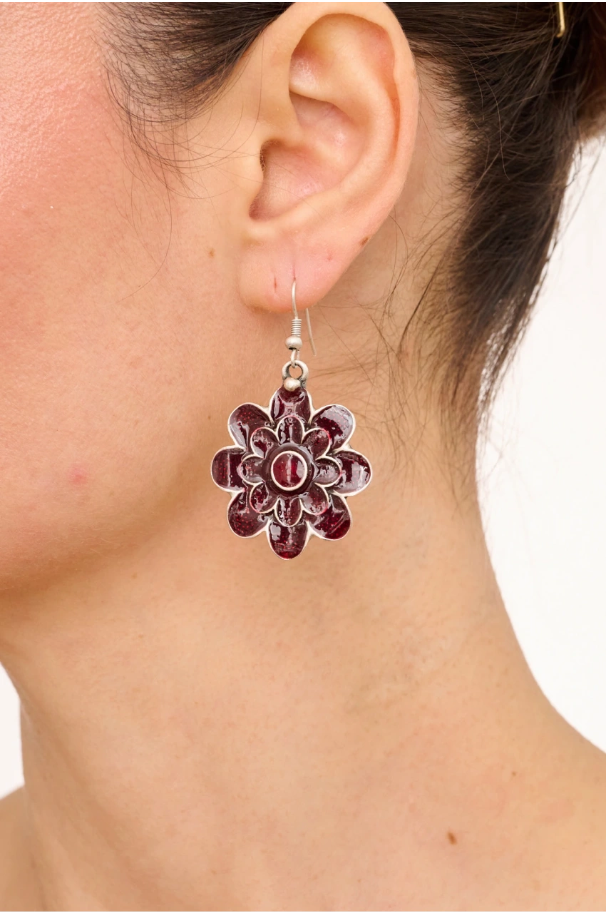 Kiraz Burgundy Enameled Silver Plated Flower Earring