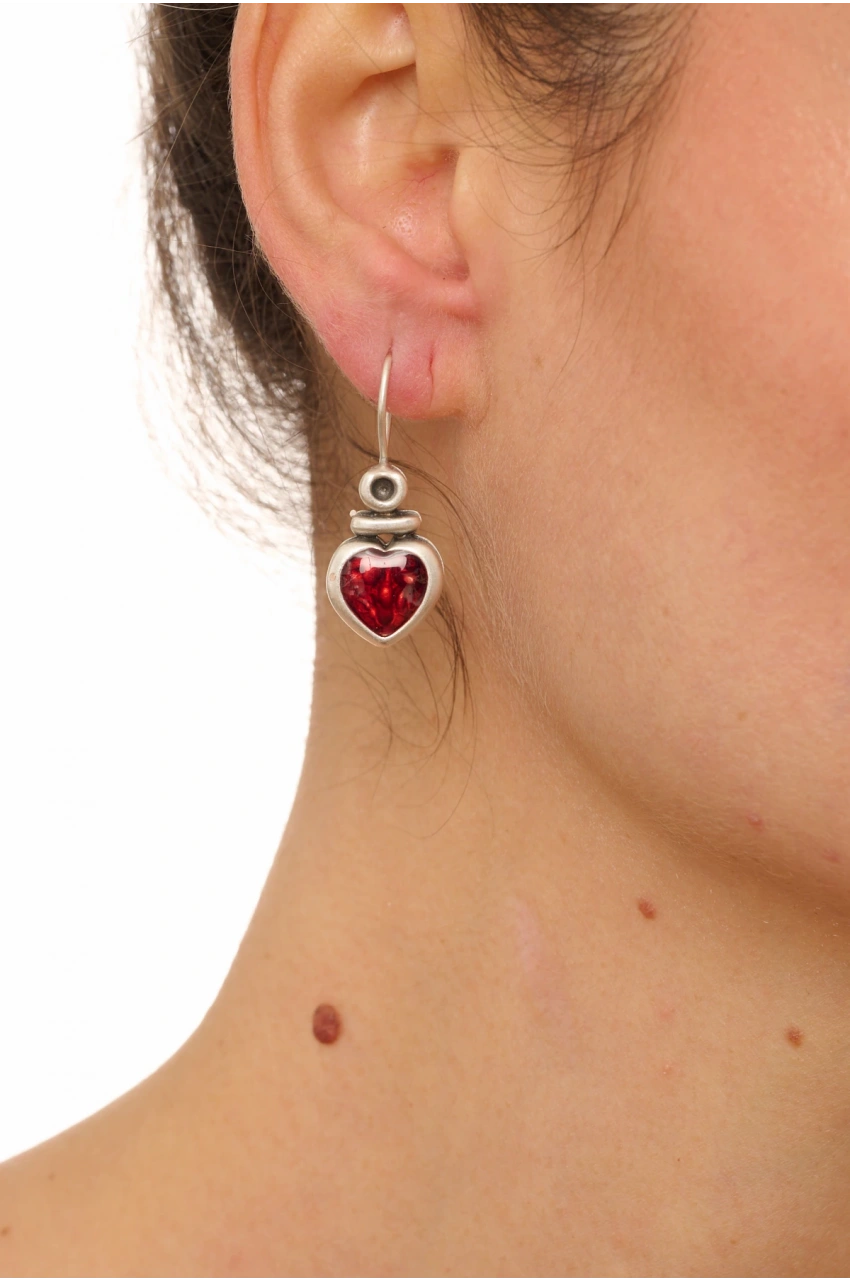 Kiraz Burgundy Enameled Silver Plated Heart Earring