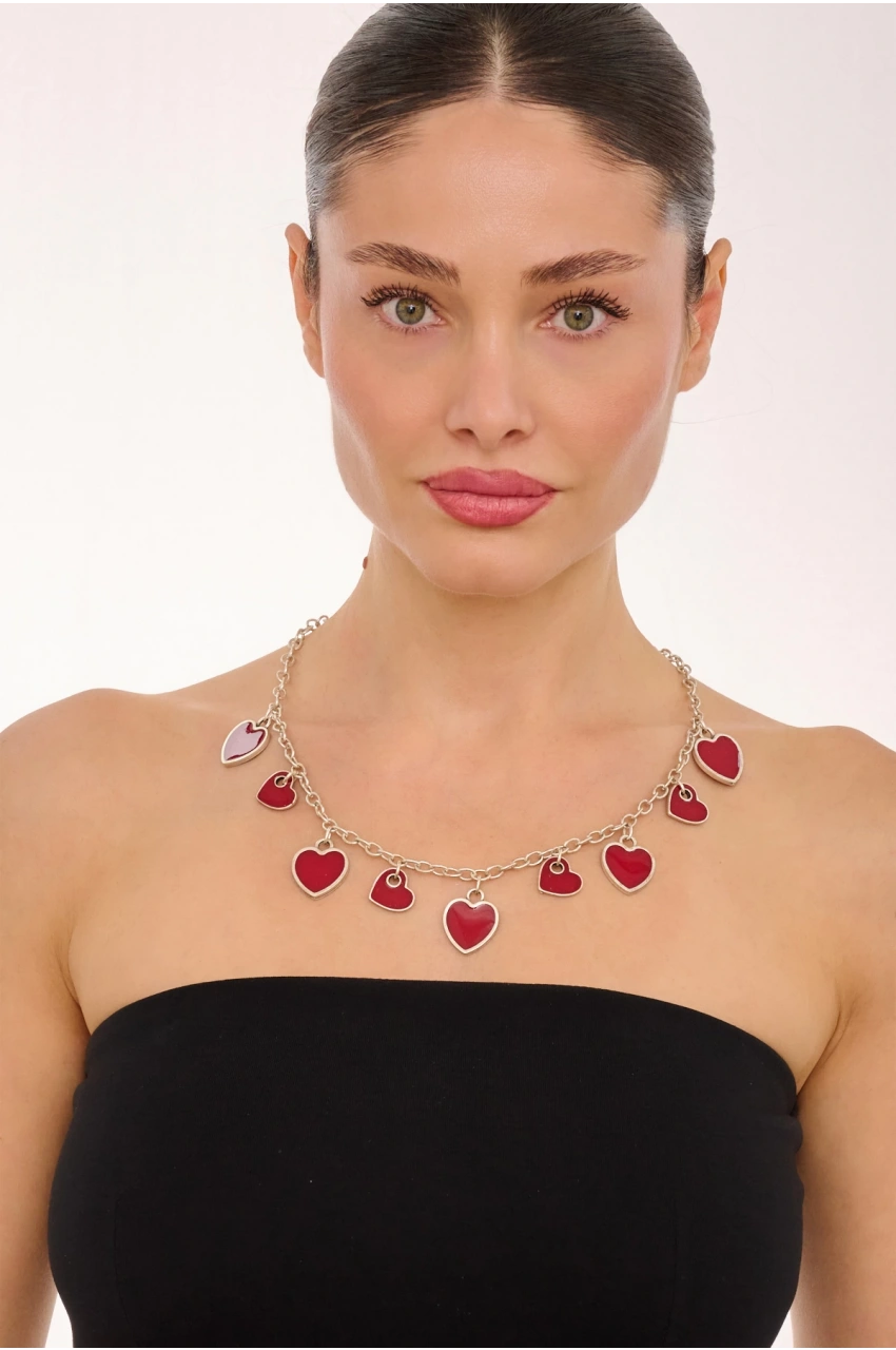 Kiraz Burgundy Enameled Silver Plated Heart Necklace