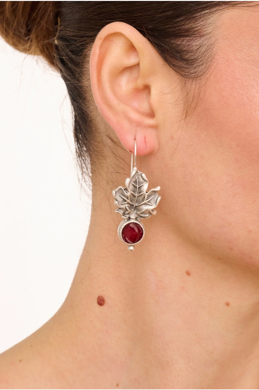 Kiraz Burgundy Enameled Silver Plated Leaf Earring