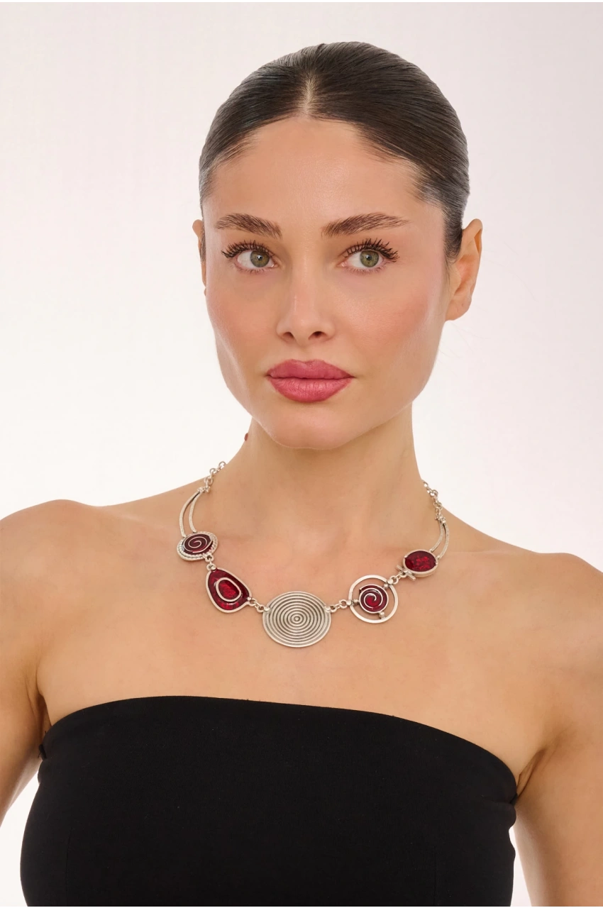 Kiraz Burgundy Enameled Silver Plated Necklace