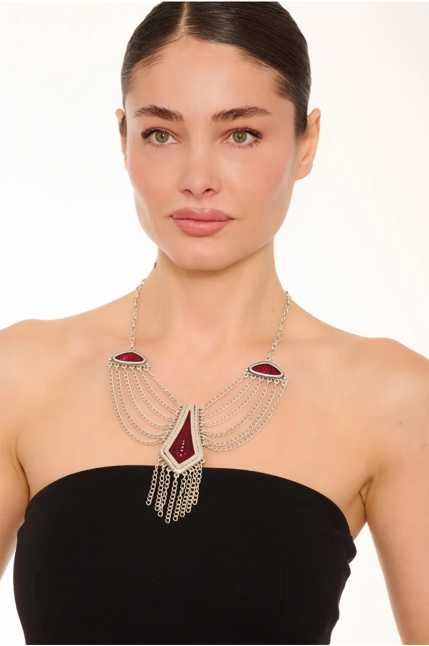 Kiraz Burgundy Enameled Silver Plated Necklace