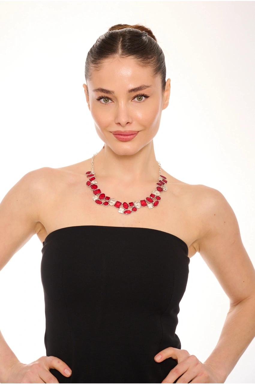 Kiraz Burgundy Enameled Silver Plated Necklace